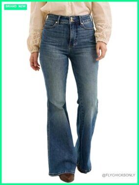 High Waisted Tummy Control Flare Jeans Double Button Shield Pockets